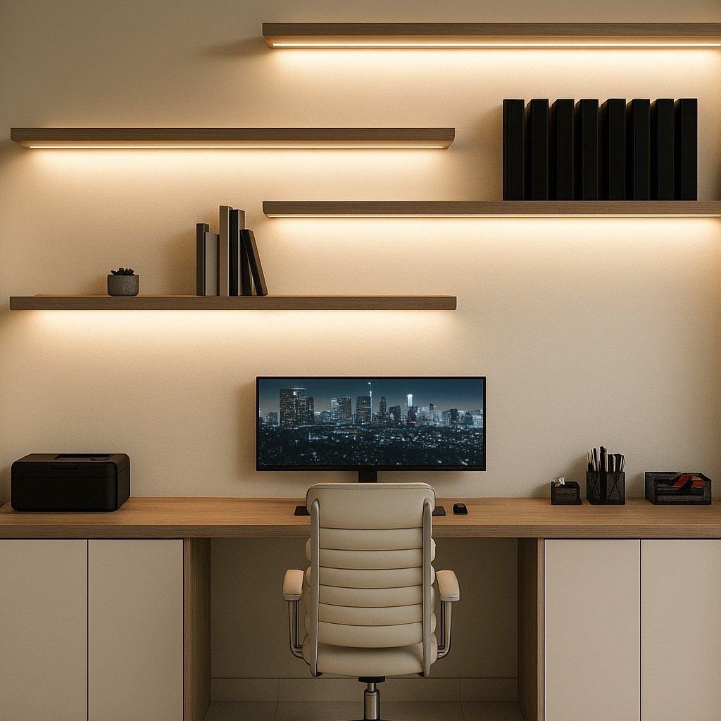 Modern home office with a wooden desk and illuminated floating wall shelves.