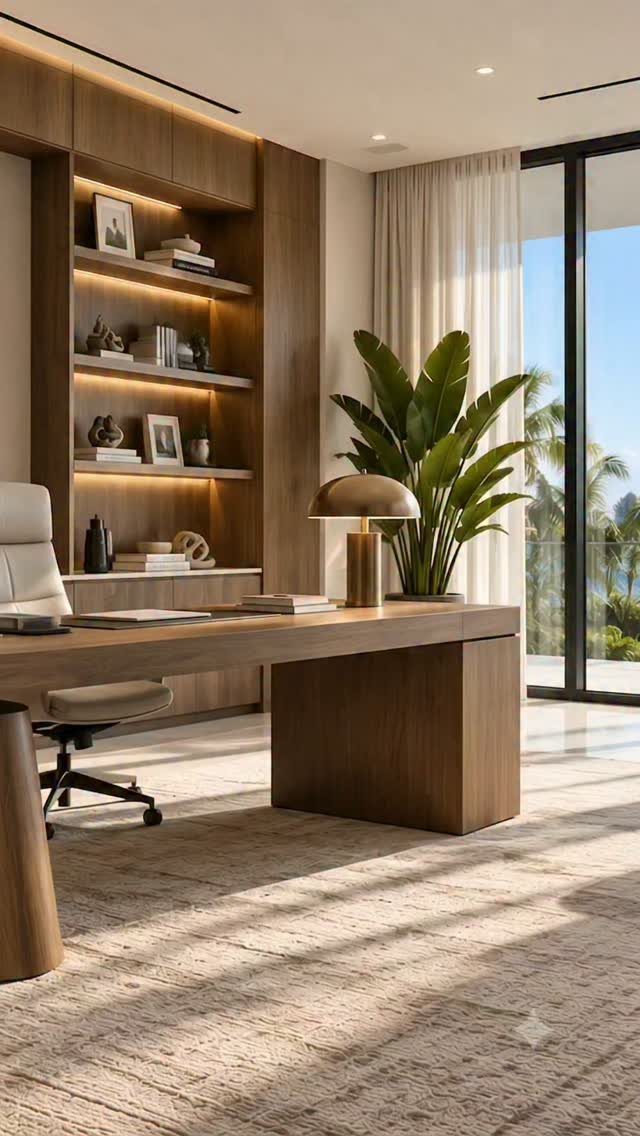Modern home office featuring a wooden desk and white sheer curtains by the window