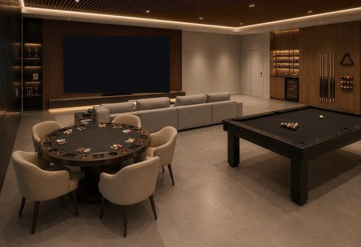 Modern game room with a black pool table and a round poker table.