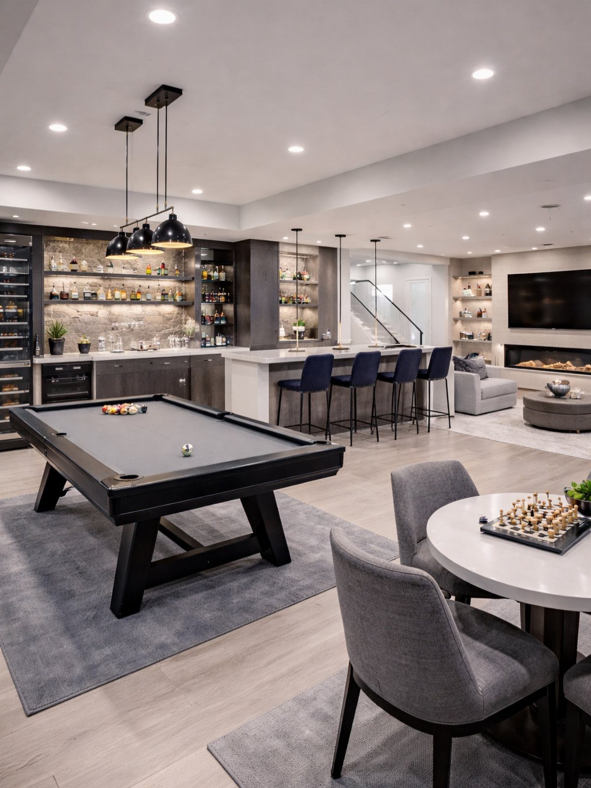 Modern game room layout with a black pool table, bar area, and lounge.