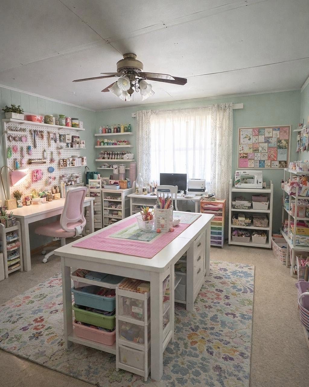Craft room with white worktables, pink accents, and organized art supplies on pegboards.