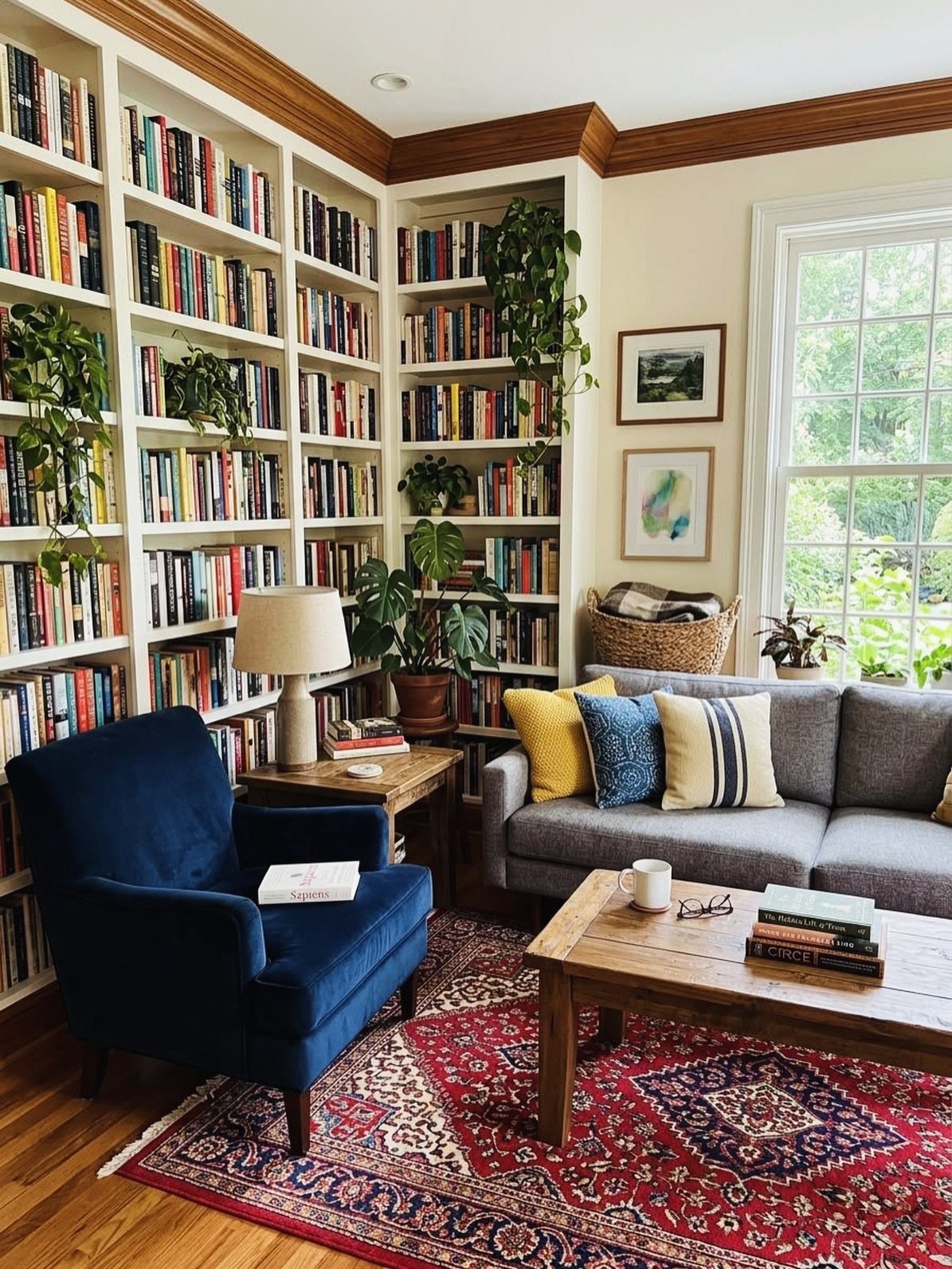 Floor-to-ceiling bookshelves surrounding a blue velvet armchair and grey sofa in a library.