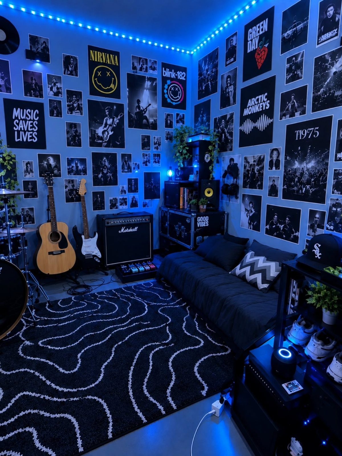 Music nook with guitars, amplifier, and walls covered in band posters under blue lighting.
