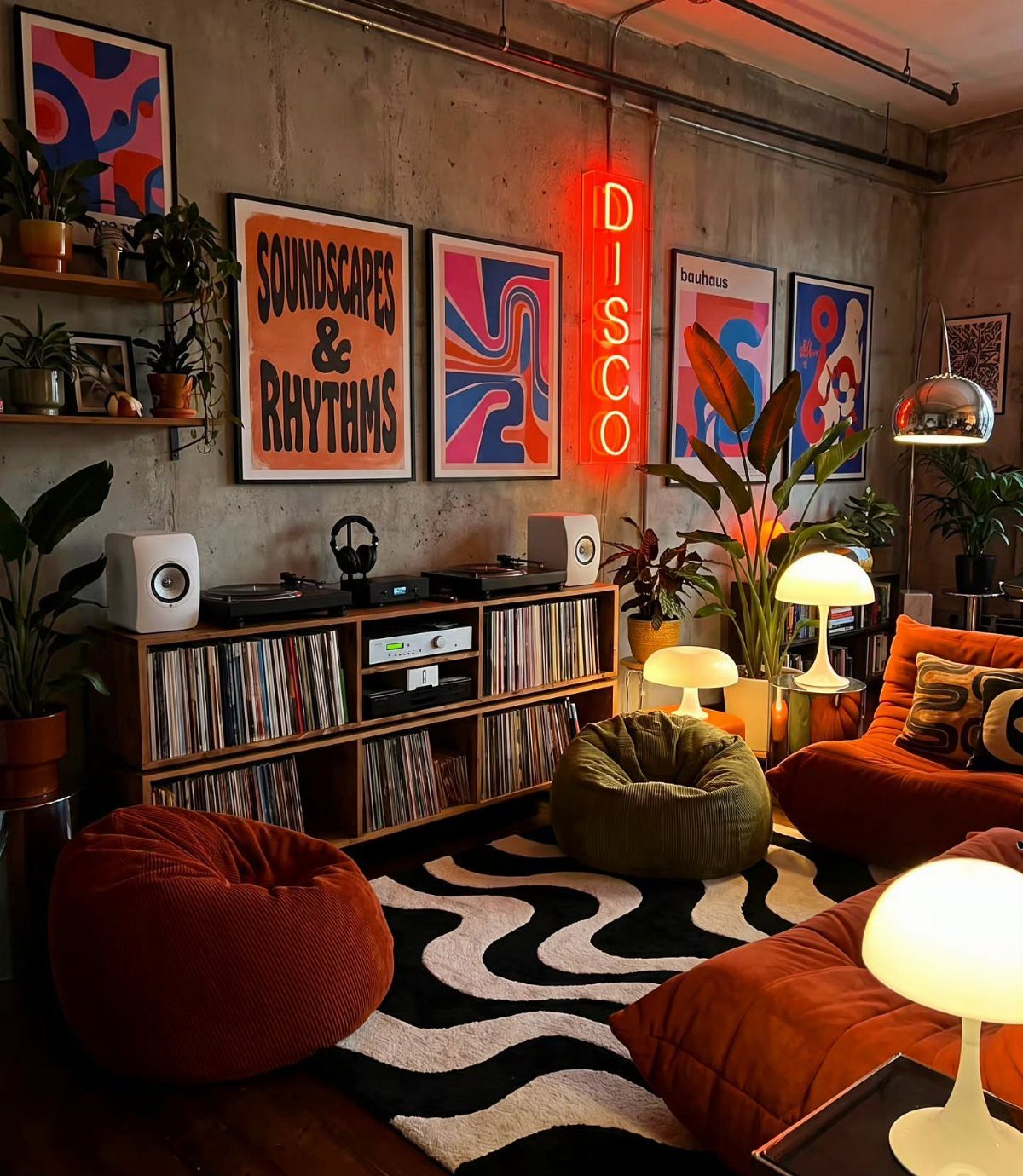 Retro recreation room with orange bean bags, neon disco sign, and vinyl records.