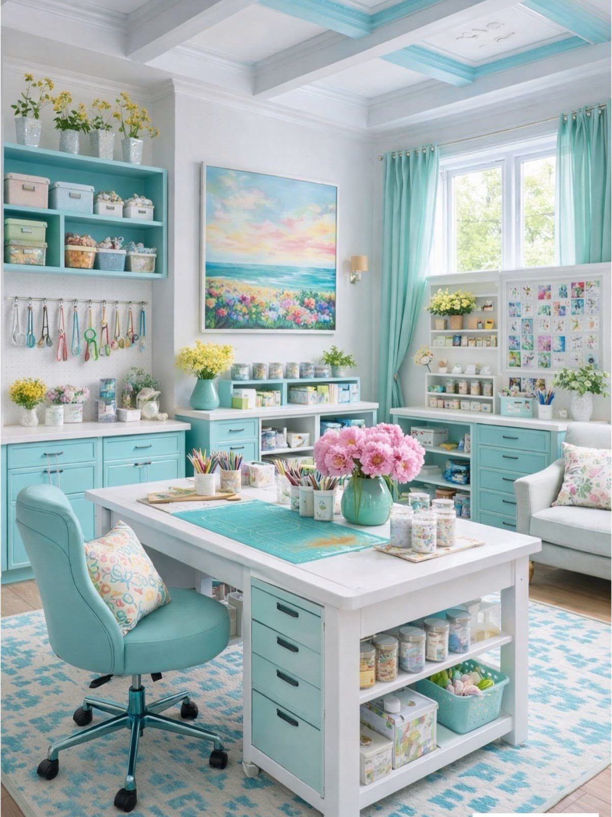 Turquoise and white arts and crafts corner with desk, shelving, and art supplies.