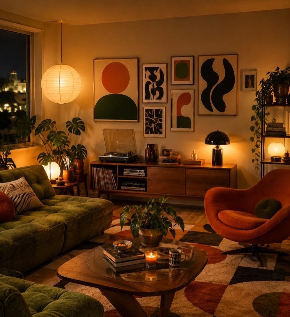 Cozy lounge area with green sofa, orange chair, and mid-century modern decor.