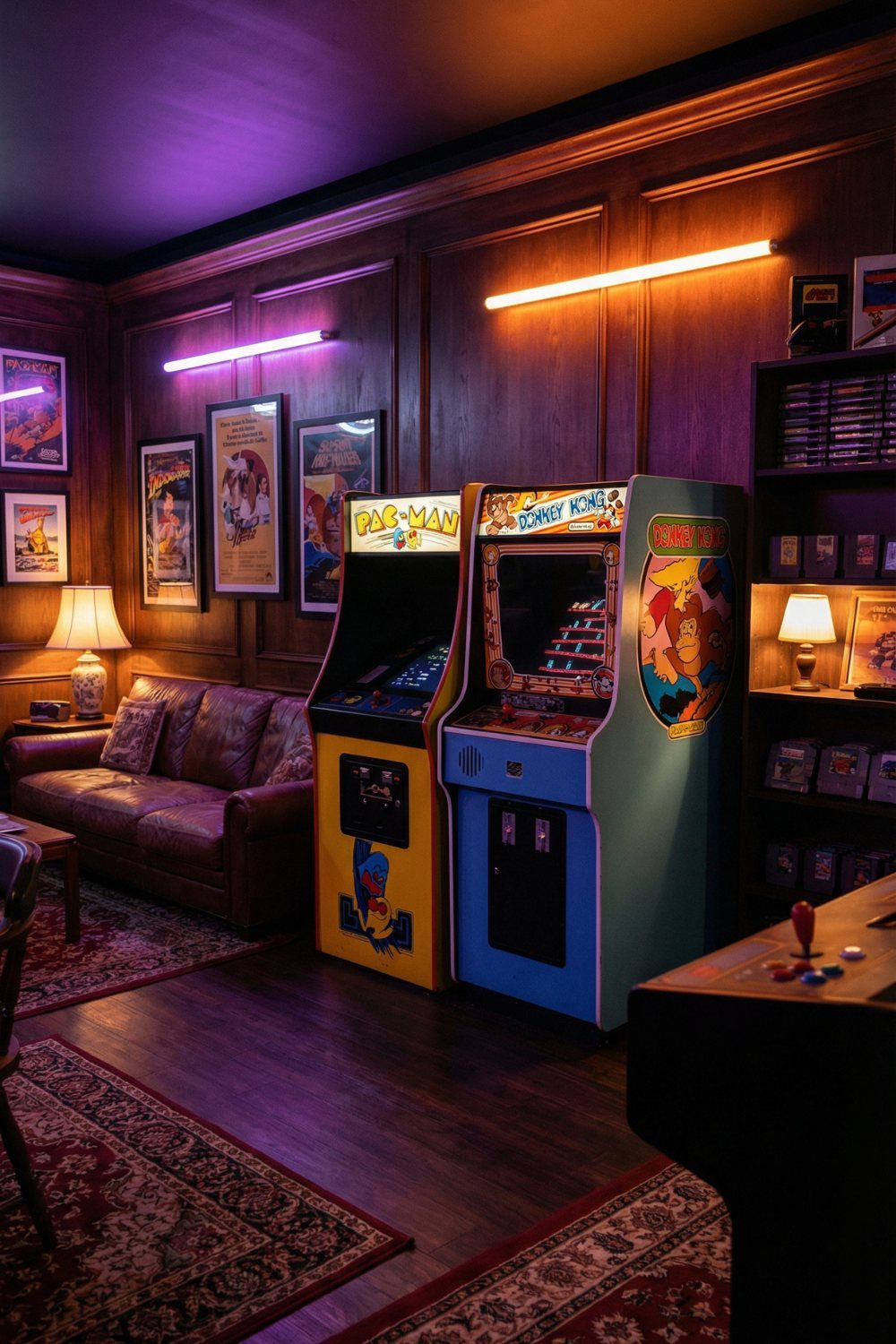 Two vintage arcade cabinets in a wood-paneled room with neon lighting and leather sofa.