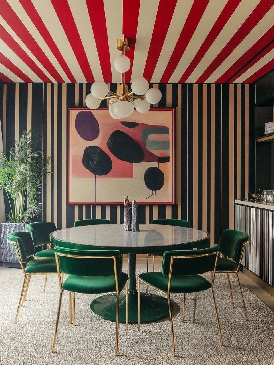 Dining room with bold red striped ceiling, striped walls, and green velvet chairs.