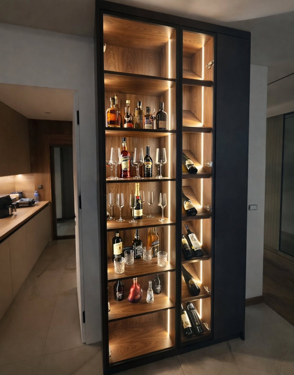Built-in illuminated bar cabinet with liquor bottles and wine storage in a modern home.