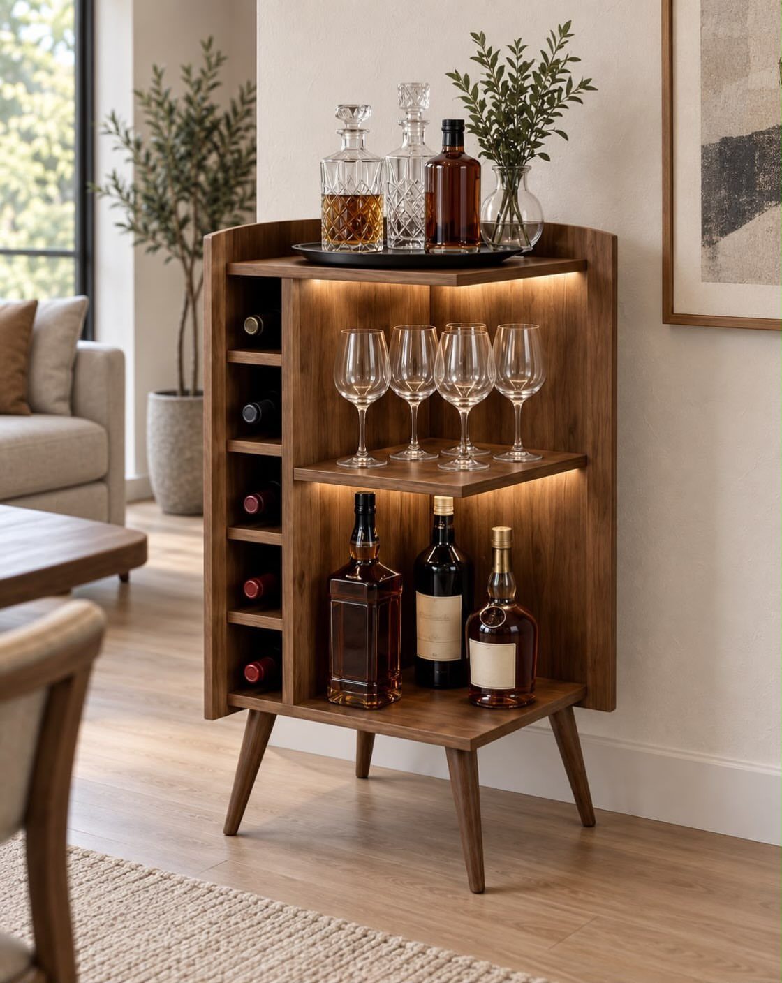 Wooden corner bar cabinet with integrated lighting, wine storage, and liquor bottles.