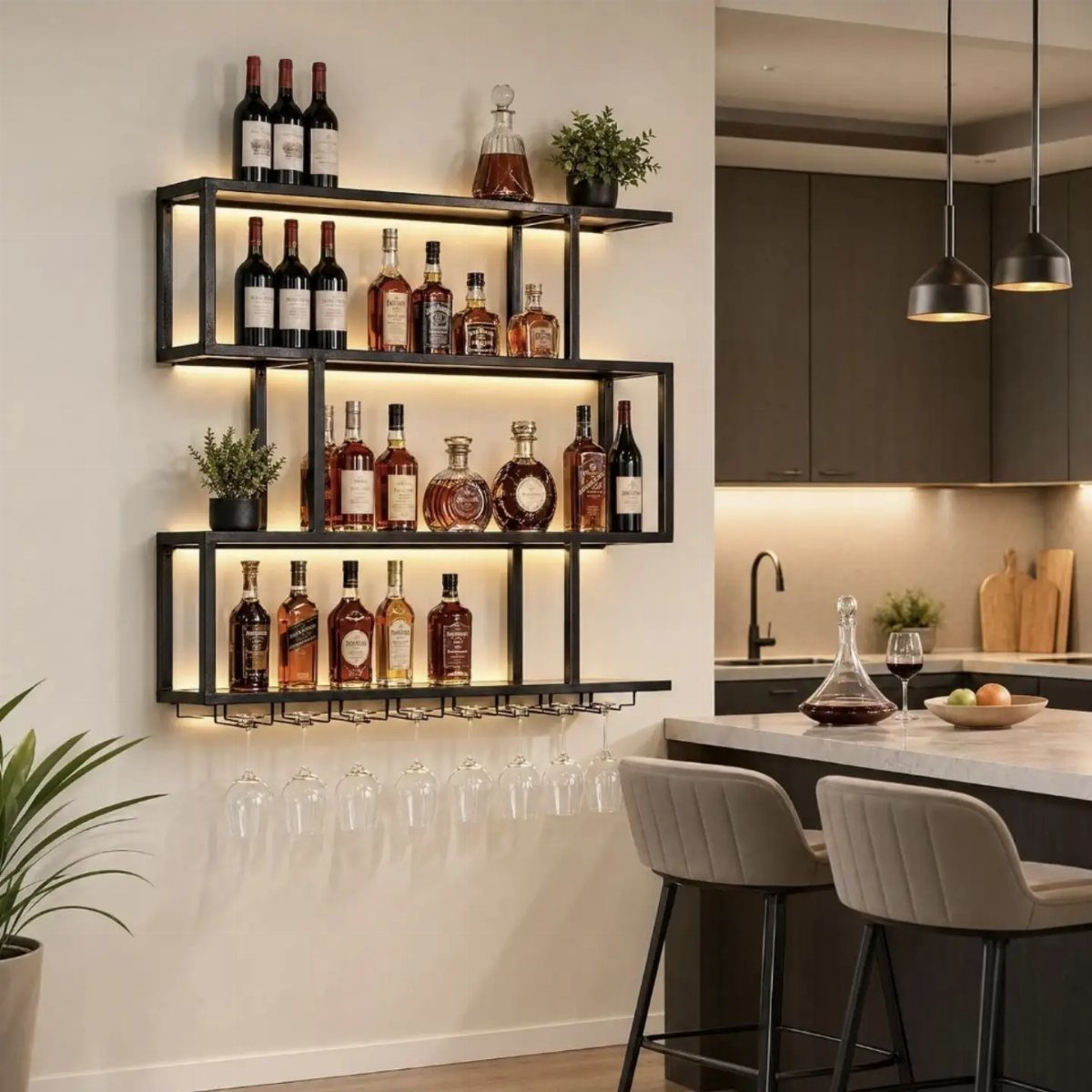 Black metal floating bar shelves with LED lighting holding liquor bottles and glassware.