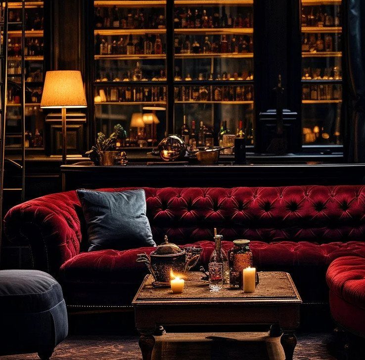Red velvet tufted sofa in a dark lounge with a backlit liquor bar.