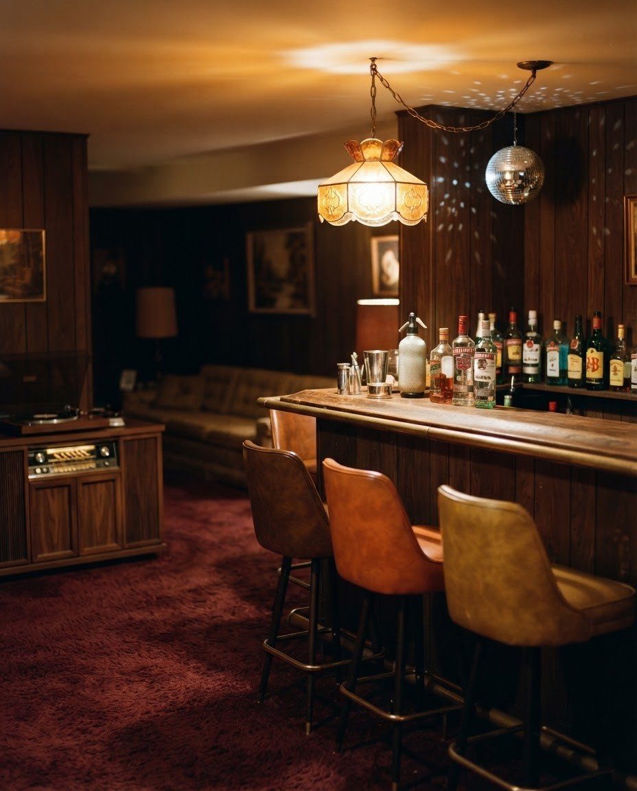 Vintage basement bar with wood paneling, leather stools, and a hanging disco ball.