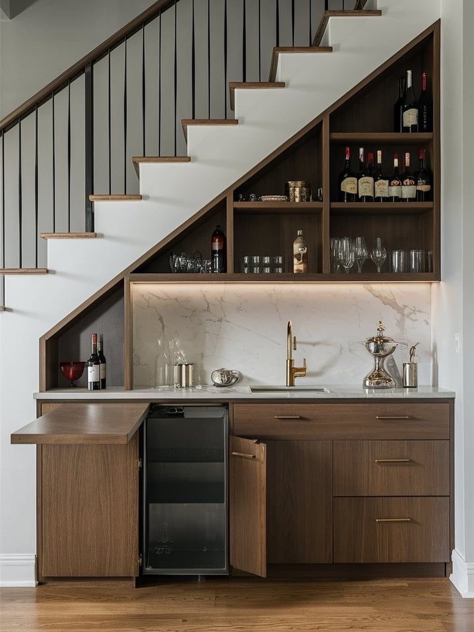 Wooden home bar built under a staircase with marble backsplash and wine shelving.