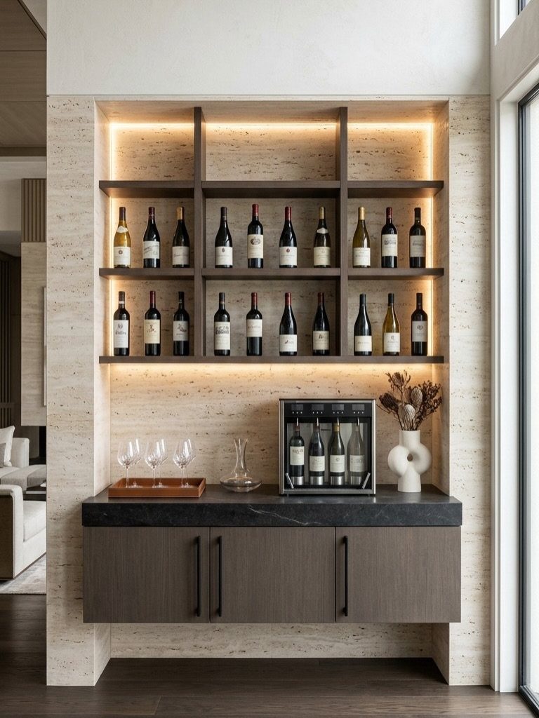 Built-in wine cellar nook with dark wood shelves, wine bottles, and black countertop.