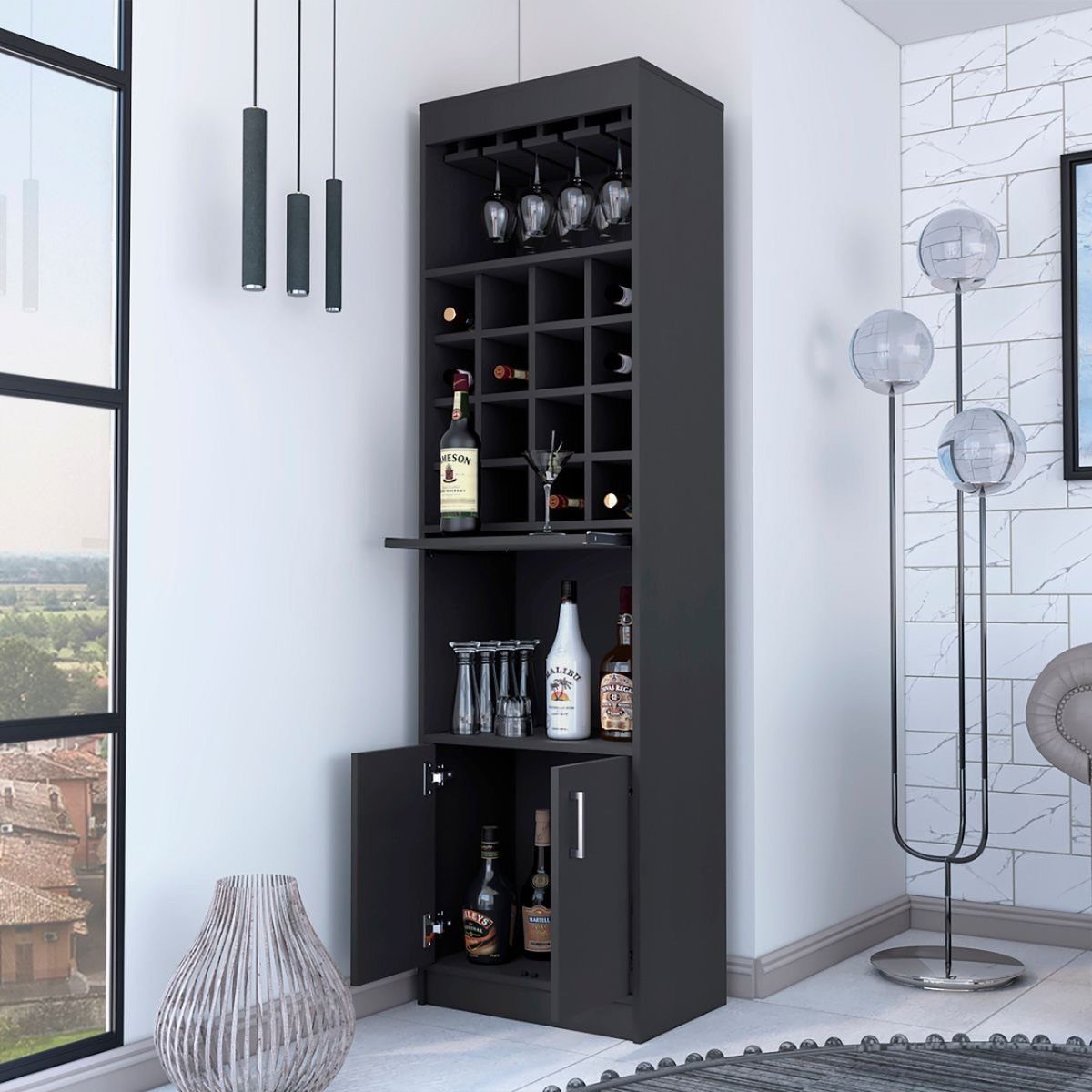 Black wooden home bar cabinet with wine rack and liquor bottles in a room