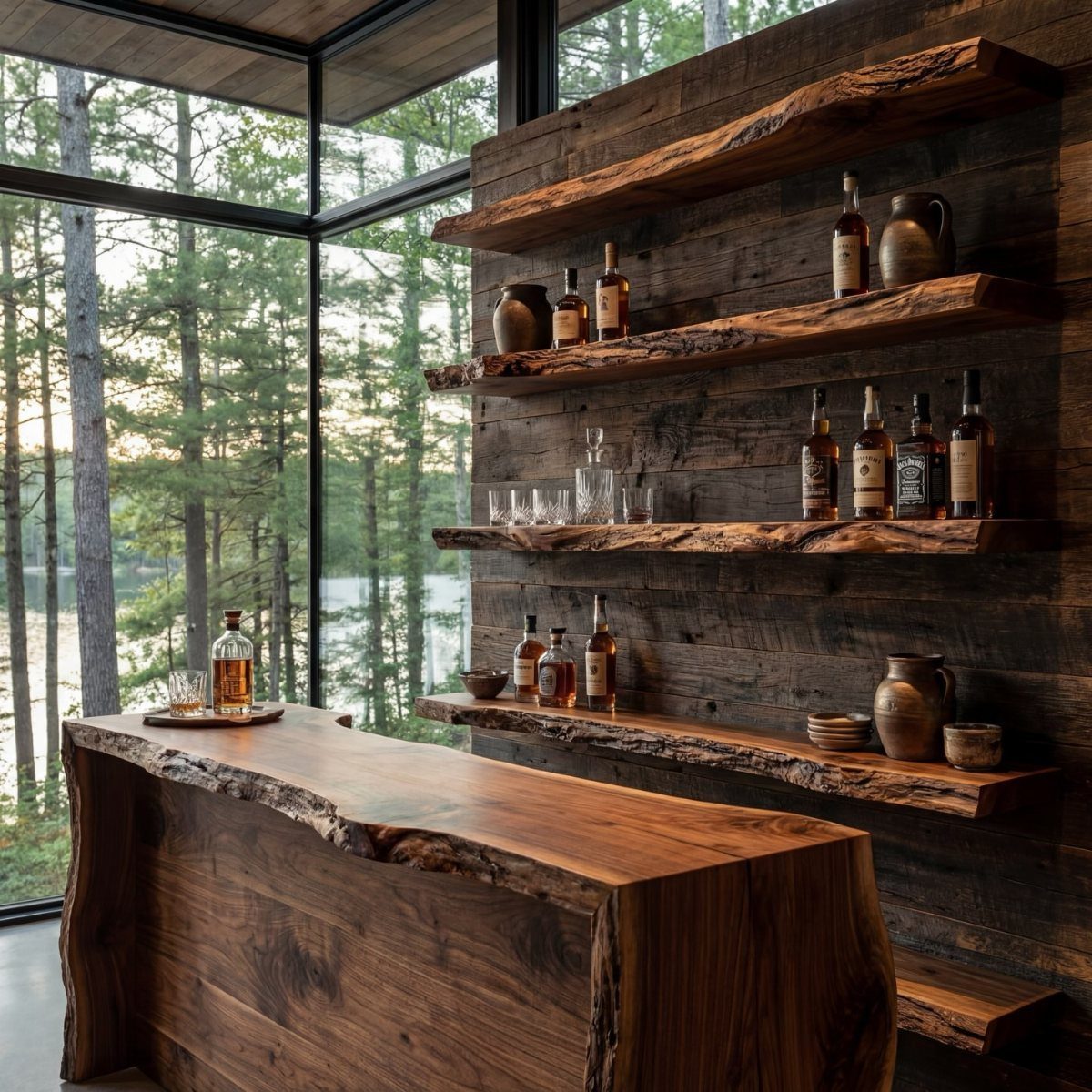 Live-edge wooden home bar counter with matching floating shelves and liquor bottles.