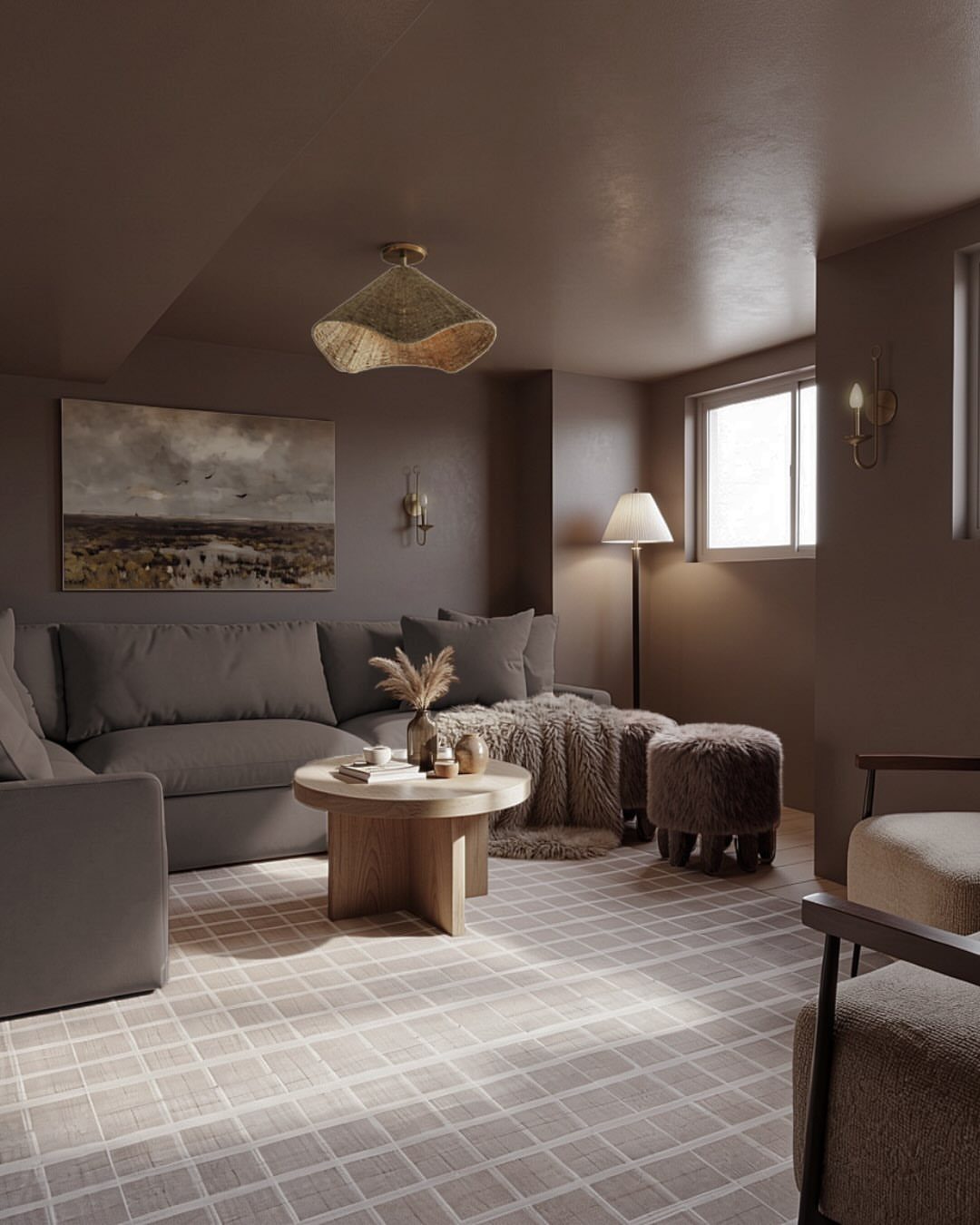 Modern living room with grey sectional, wooden coffee table, and muted brown walls.