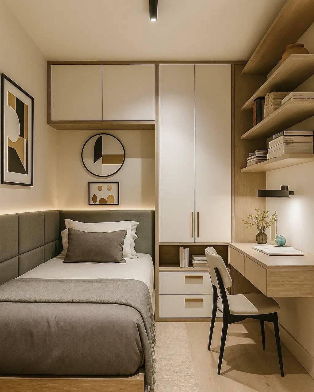 Small modern bedroom with a single bed, built-in wardrobe, and wooden desk area.
