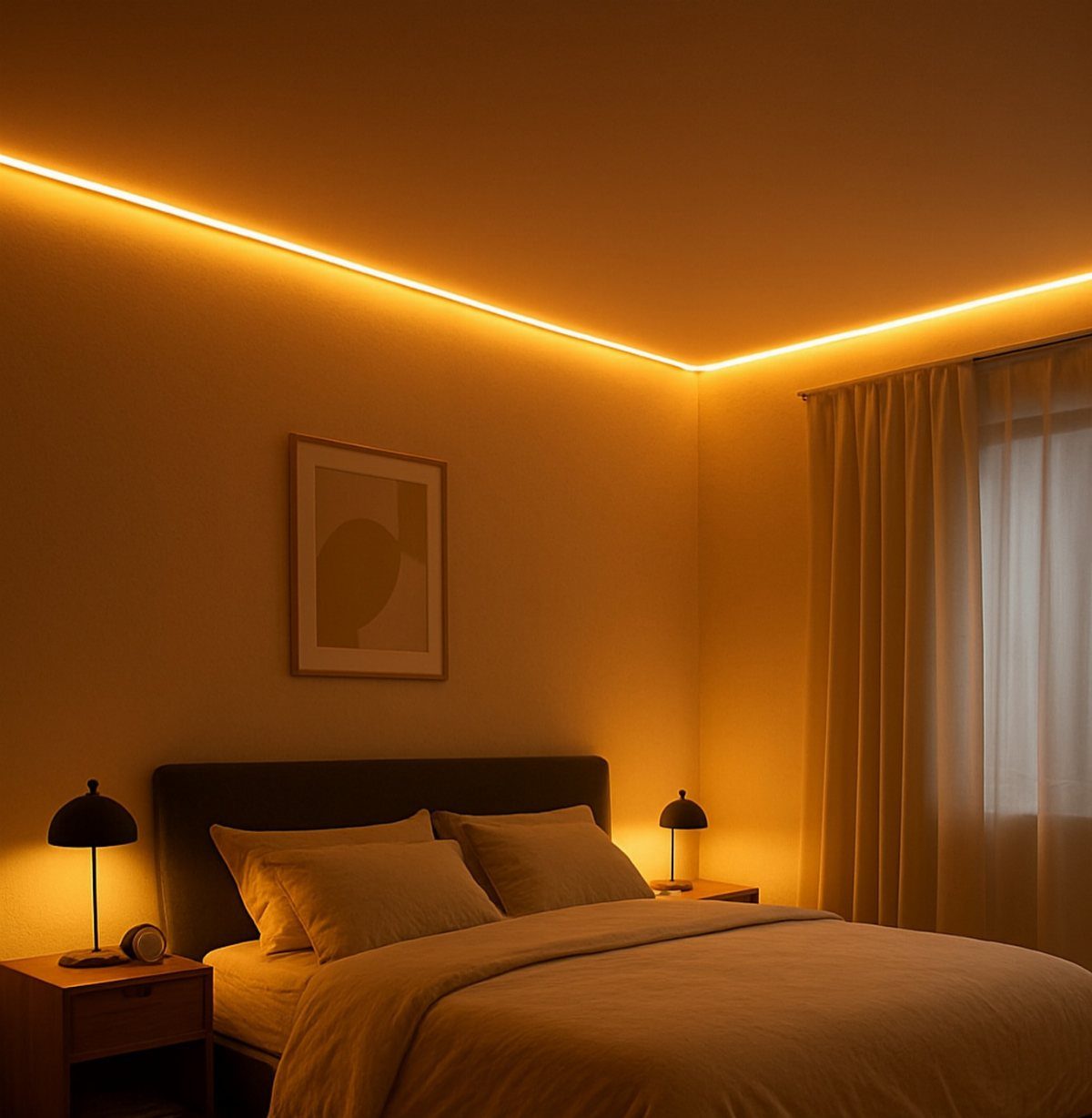 Bedroom with warm orange LED ceiling strips and matching bedside table lamps.