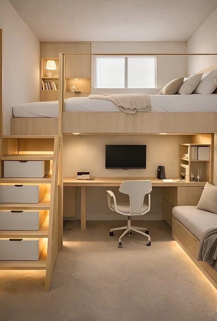 Loft bed with a built-in desk and office chair in a small bedroom