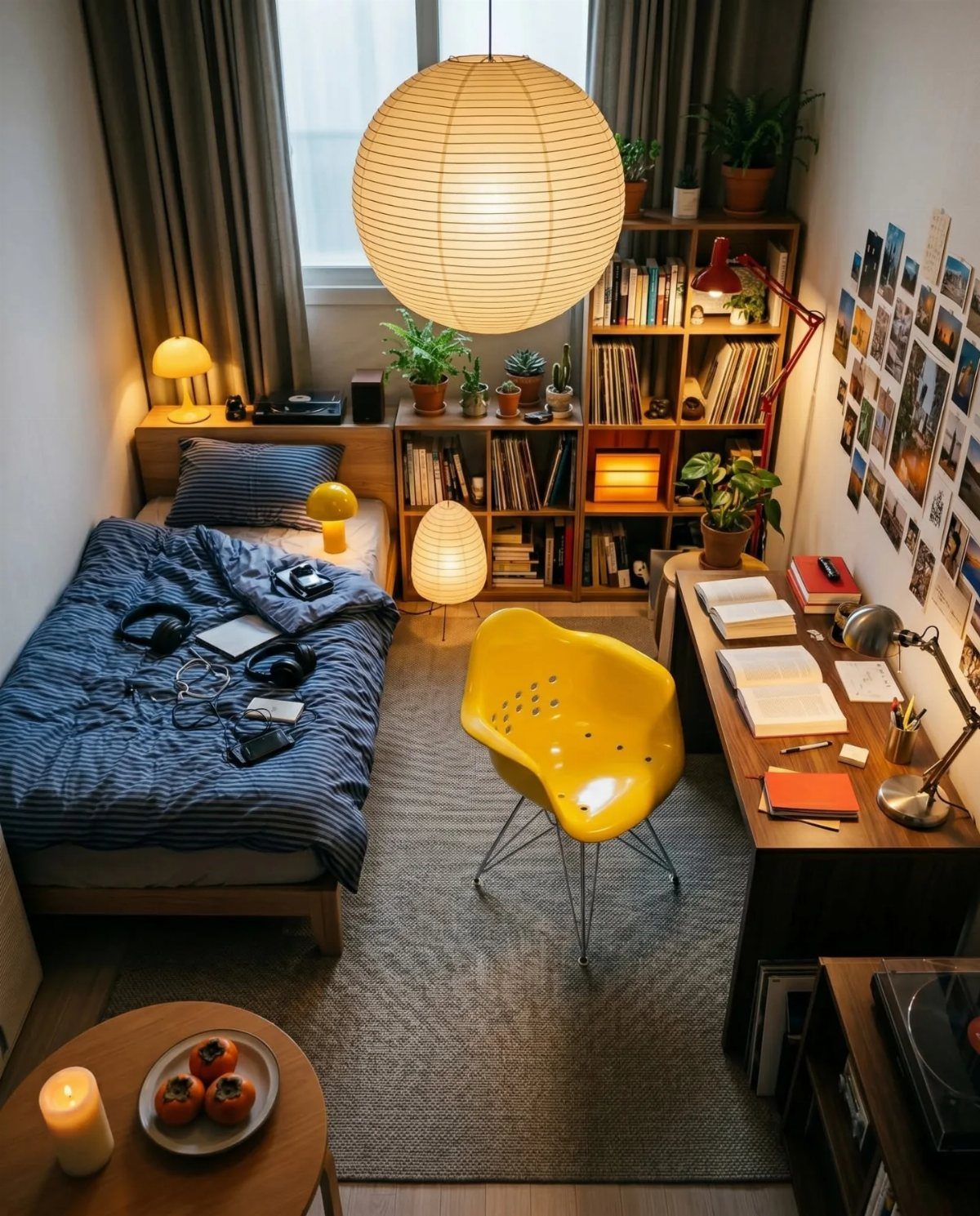 Small bedroom man cave with blue bedding, yellow chair, and record player setup.