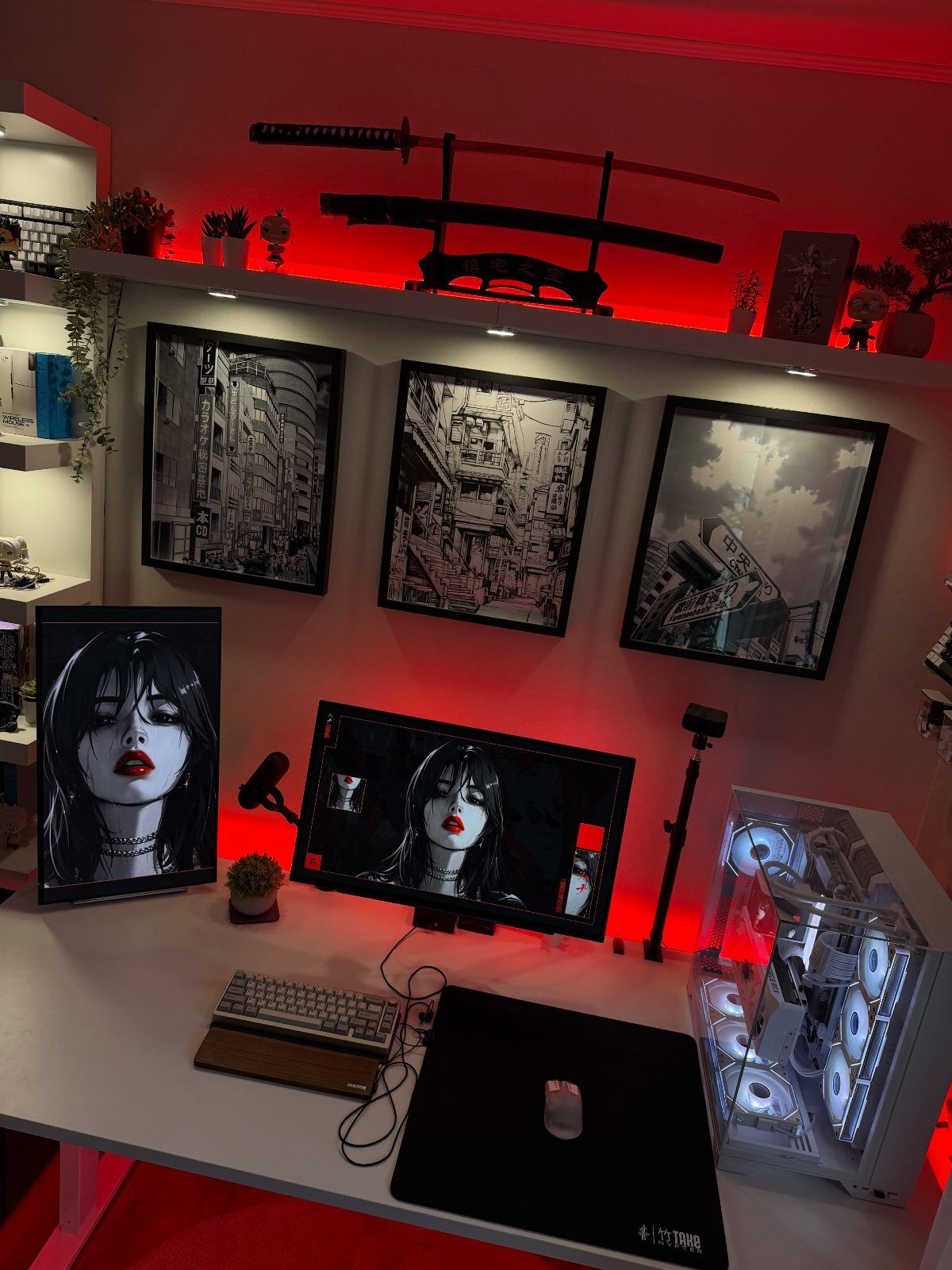 Gaming setup with white desk, glowing PC, and red ambient lighting in small room
