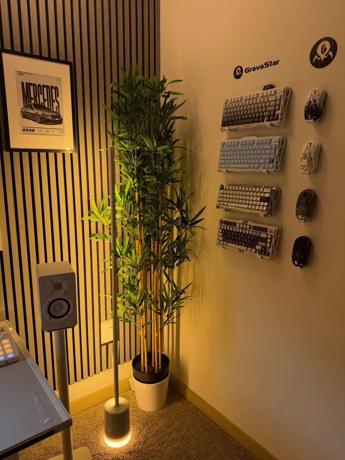Wall-mounted mechanical keyboards and mice next to a tall artificial plant and lamp.