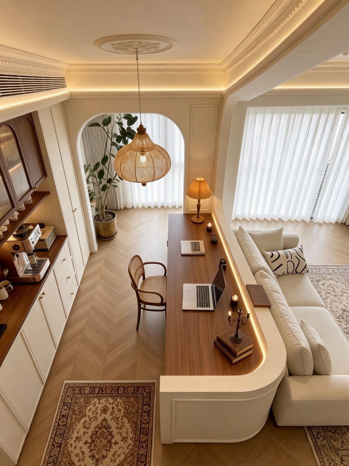 Long wooden desk with laptop and chair next to a white sofa.