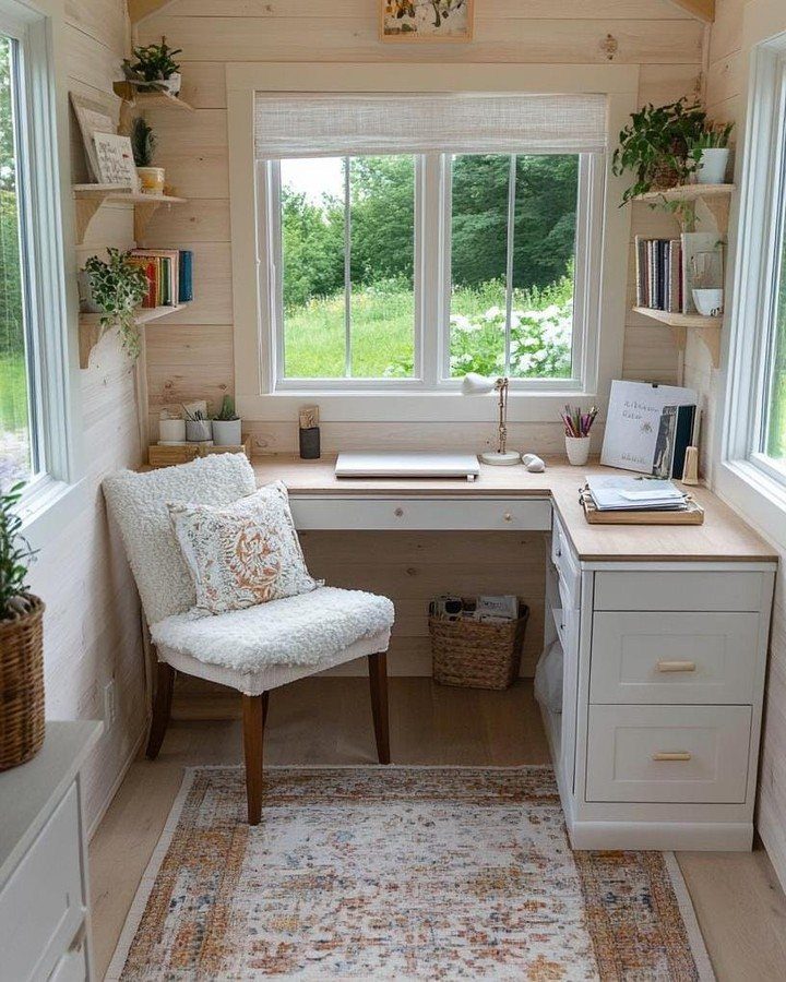 Small home office with a white built-in desk, fluffy chair, and light wood walls.