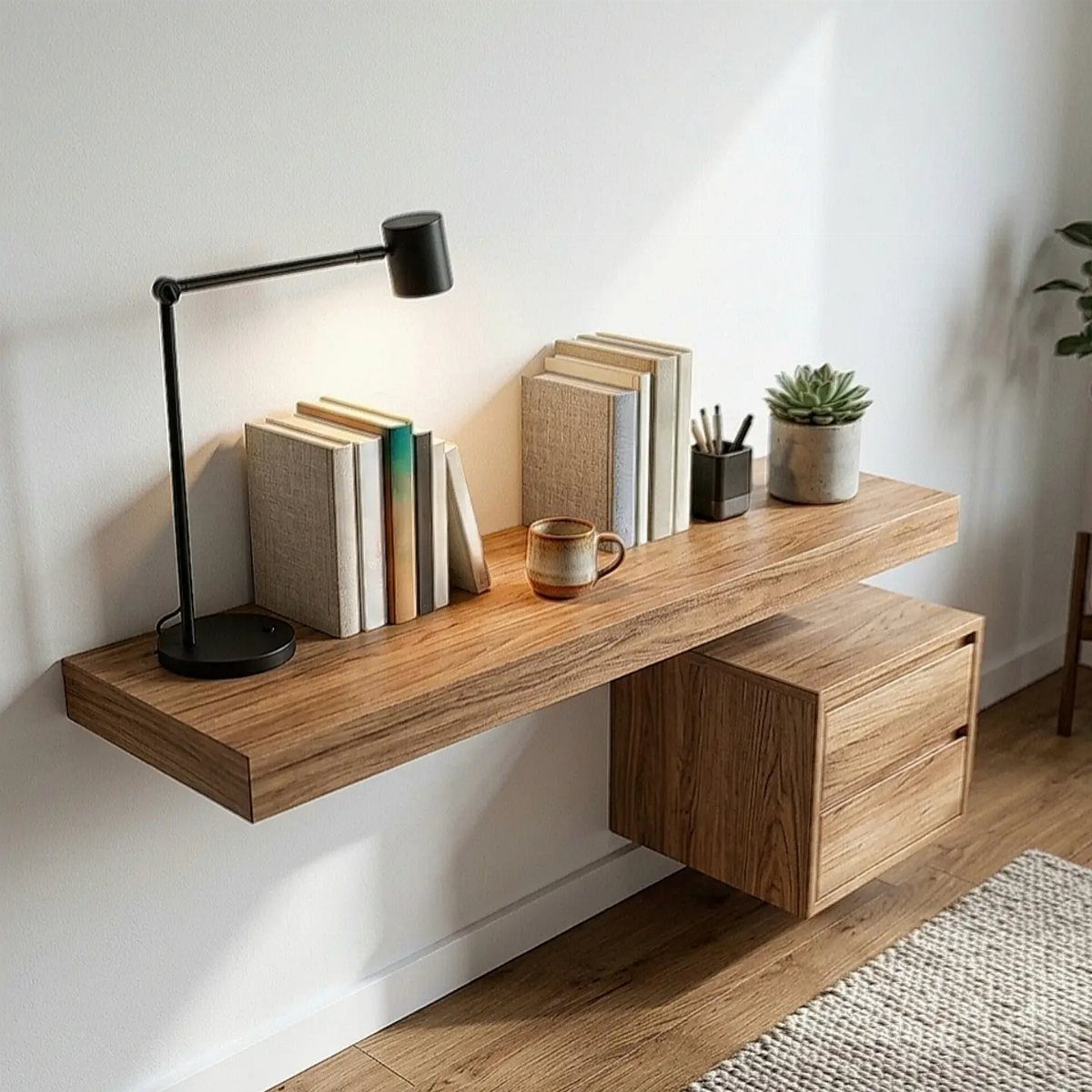 Floating wooden desk with drawers, books, and a lamp against a white wall