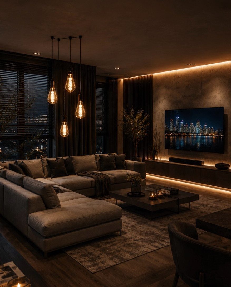 Dark grey living room with a large sectional sofa and ambient warm lighting.