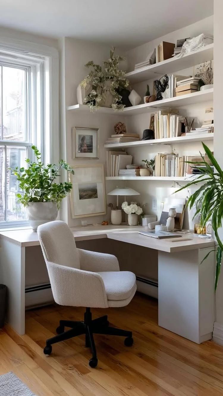 White L-shaped corner desk with floating shelves and a white swivel chair.