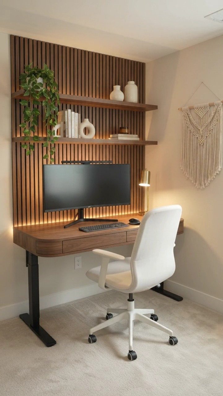 Wooden desk with a white office chair against a slatted wood wall with shelves.