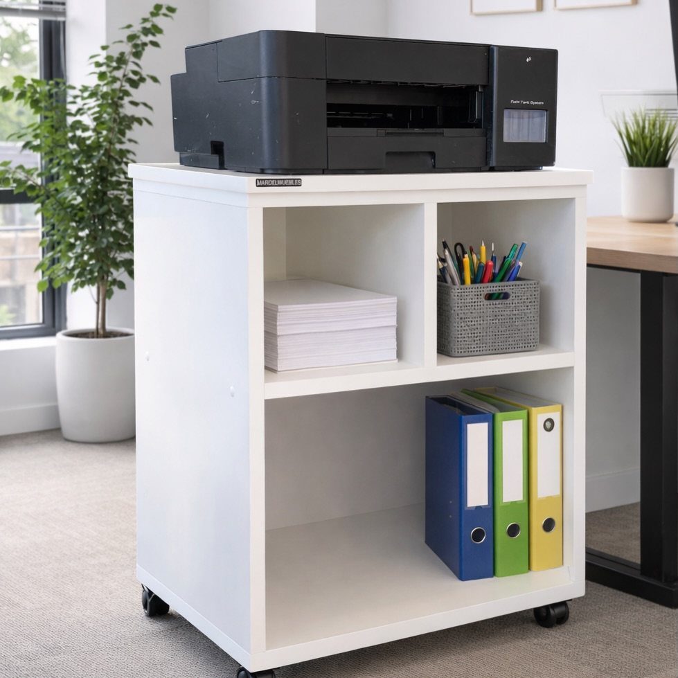 White rolling desk cart with a black printer, binders, and office supplies.