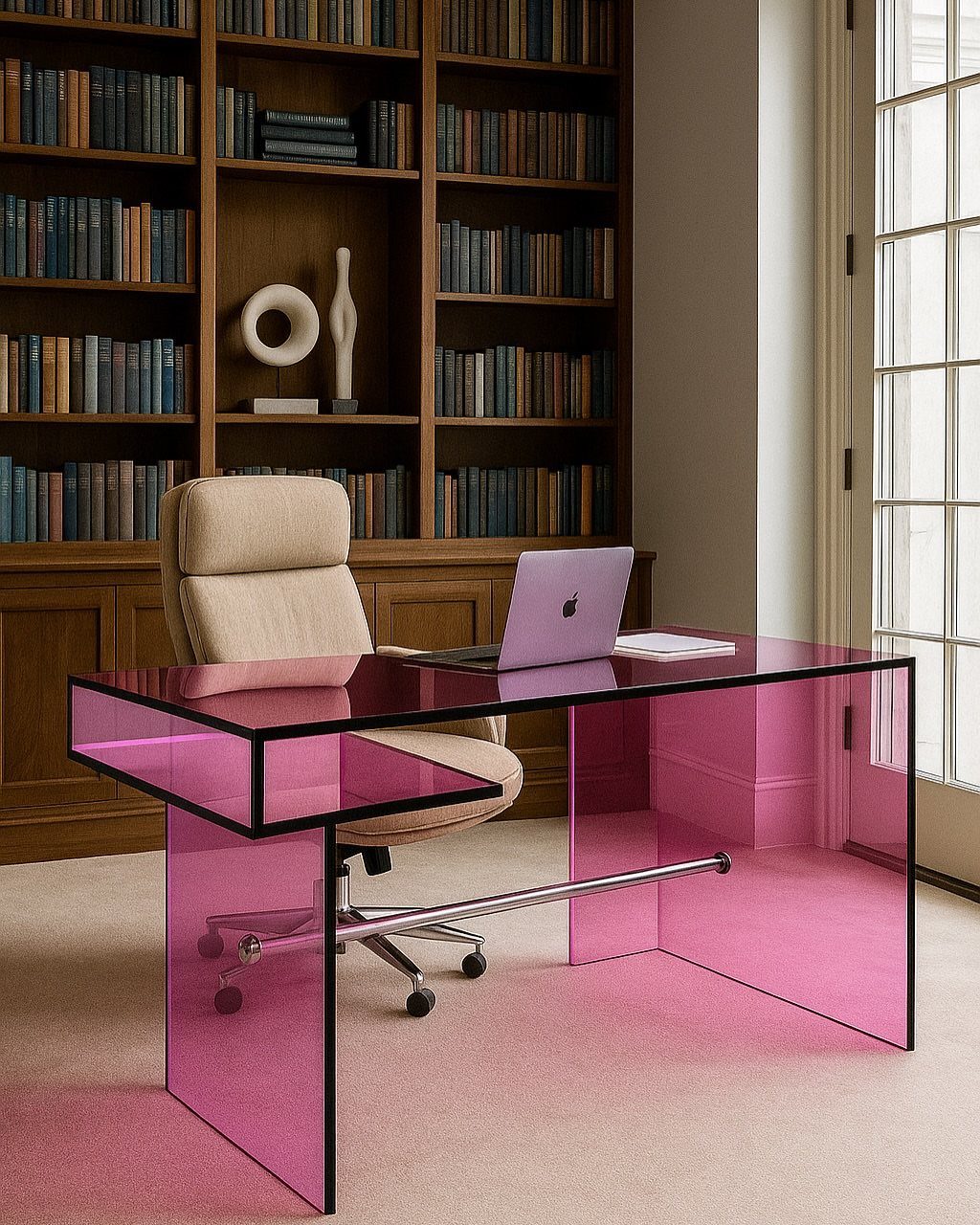 Transparent pink acrylic desk with a laptop and beige chair in a library