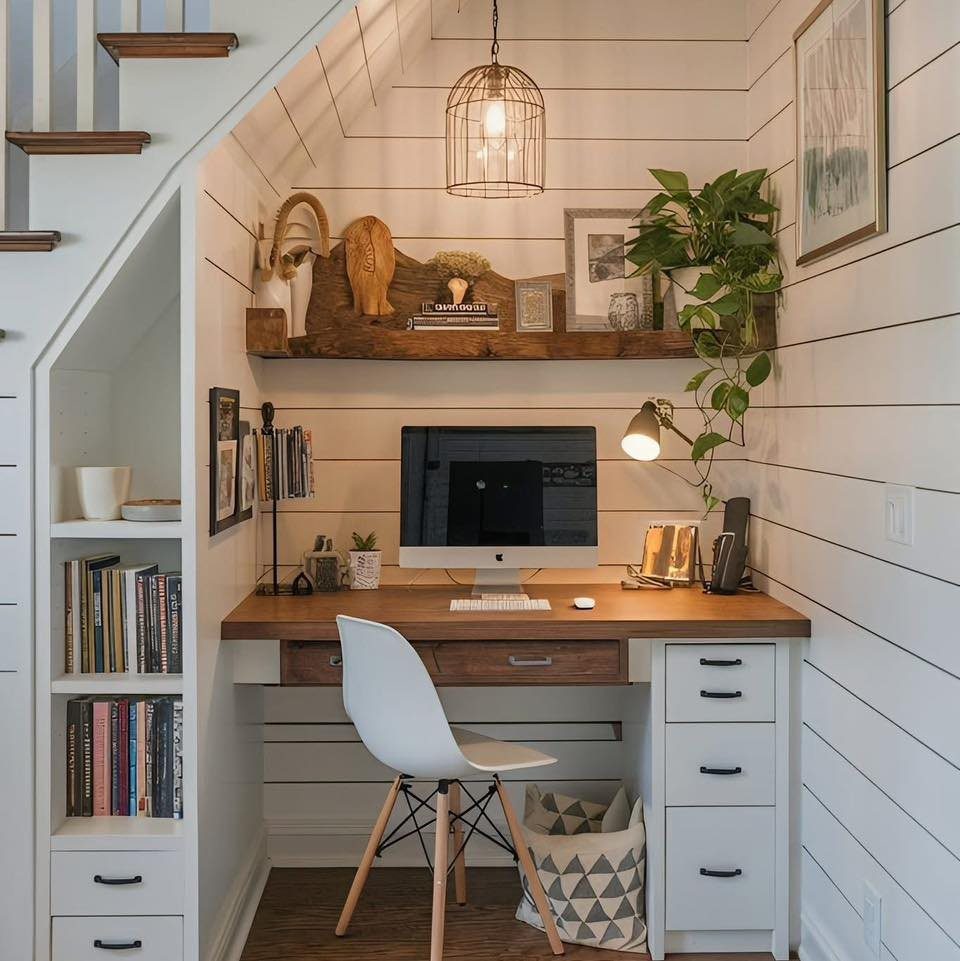 Home office nook with wooden desk and white chair tucked under a staircase.