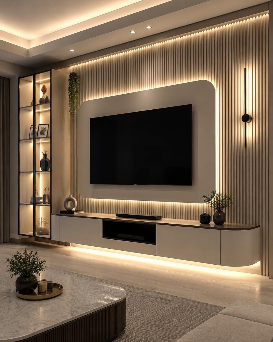 Modern media wall with a large TV, backlit slatted panel, and floating console.
