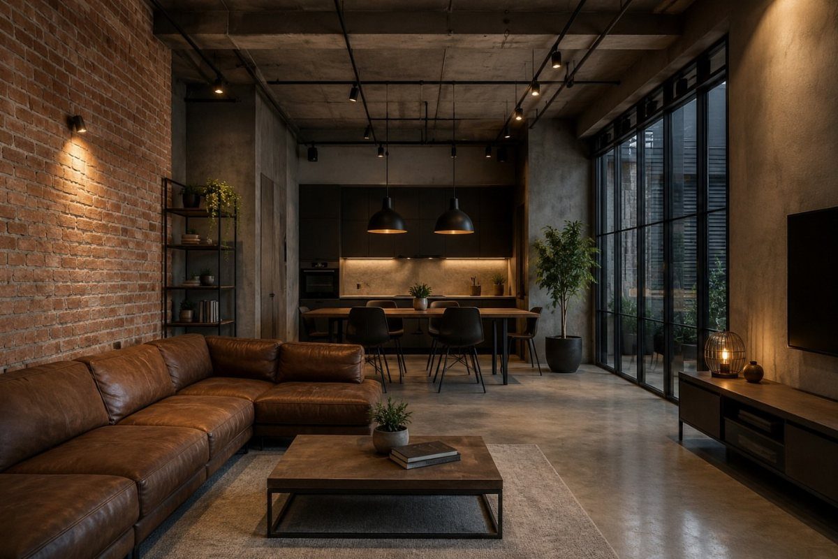 Industrial chic living room with leather sofa, brick wall, and polished concrete floors.