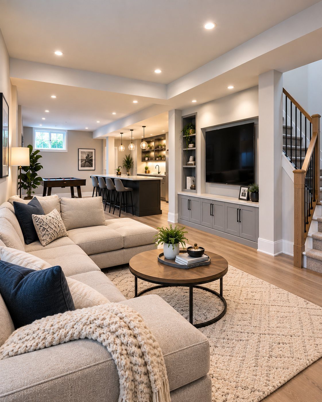 Modern finished basement with a beige sectional, coffee table, and pool table background.