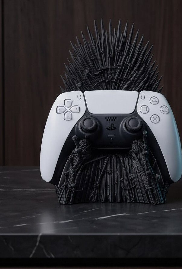 White game controller resting on a black sword-themed throne stand on marble surface