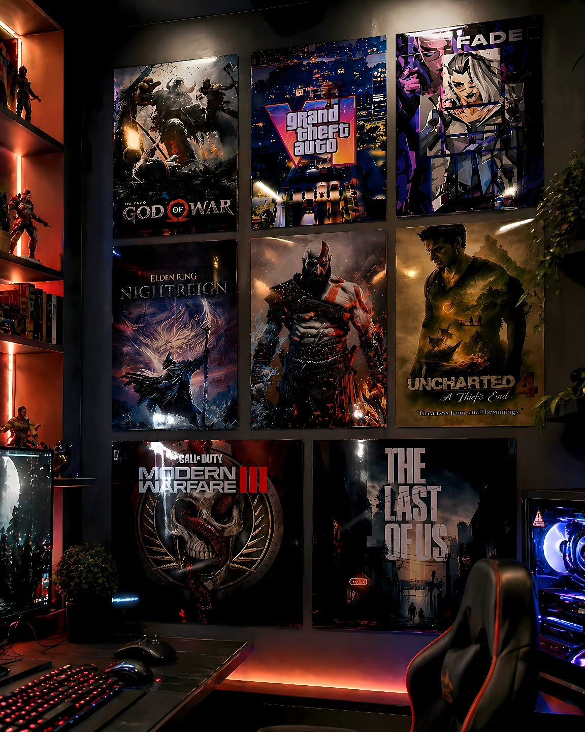 Gaming room wall covered in large video game posters with red ambient lighting.