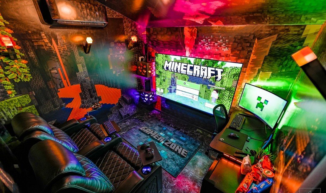 Minecraft themed gaming room with a large projector screen and RGB lighting.