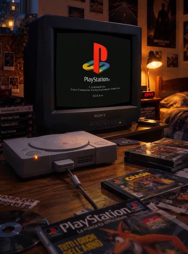 Original PlayStation console and games on a wooden table before a CRT television