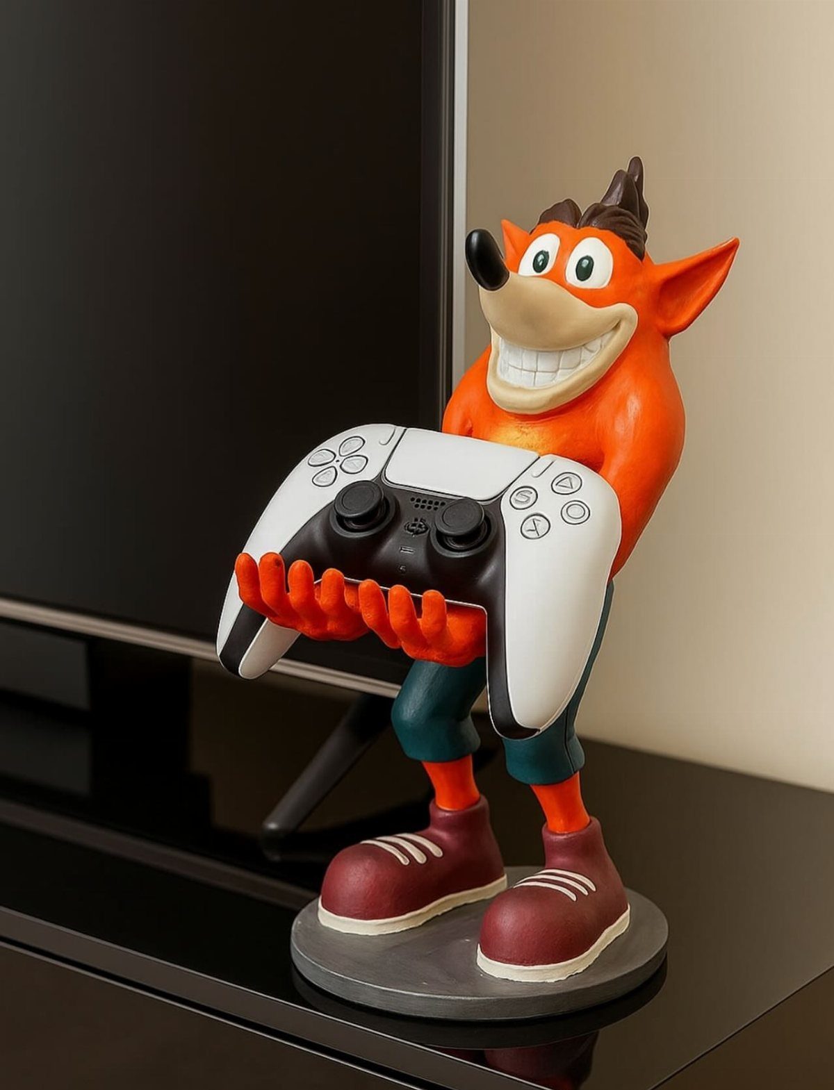Crash Bandicoot figurine holding a white game controller on a black surface