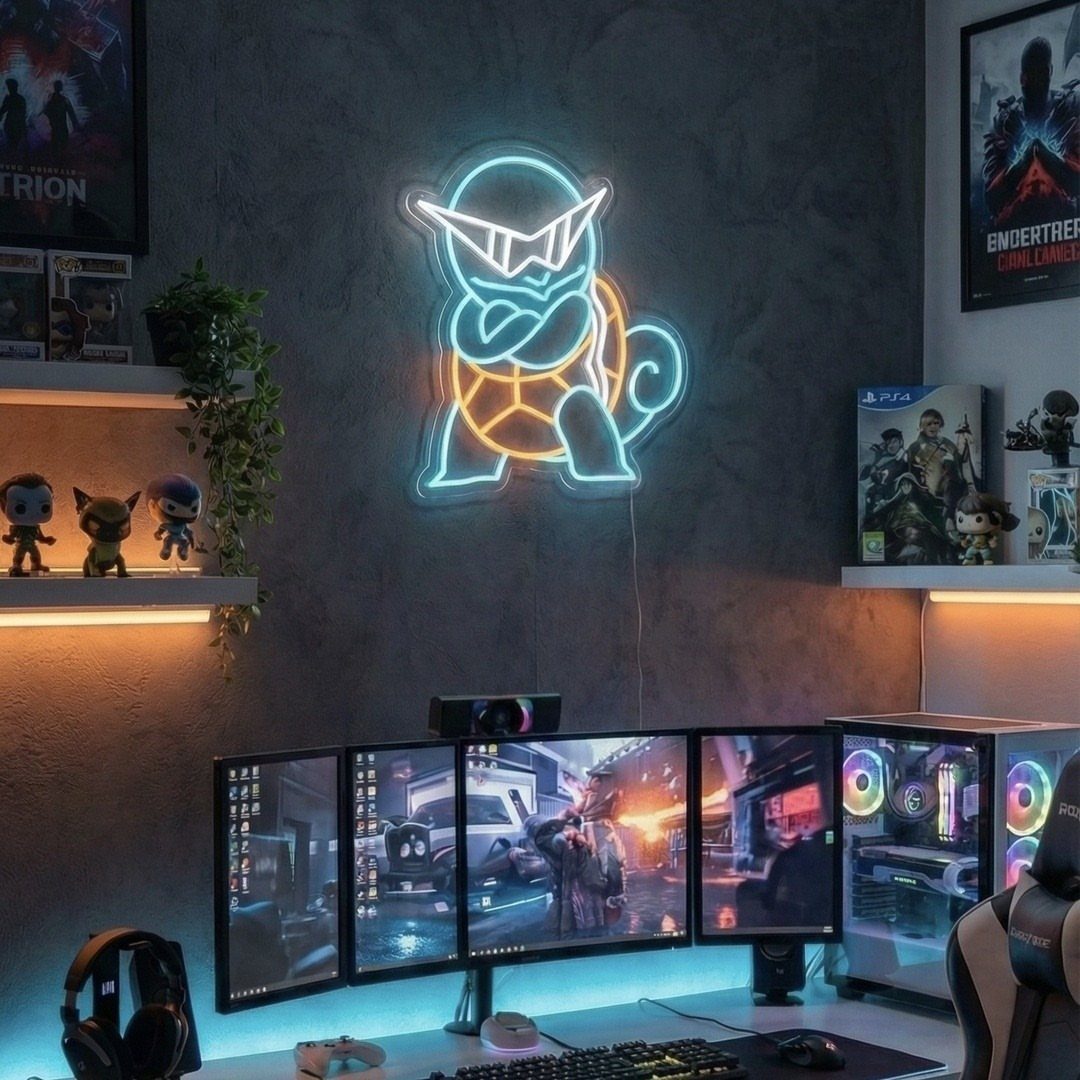 Gaming setup with four monitors and a large neon Squirtle sign on the wall