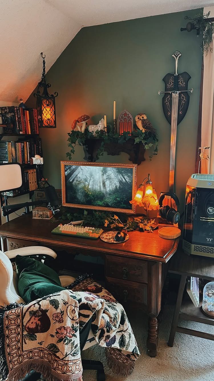 Fantasy themed gaming desk with a sword, lanterns, and green walls.