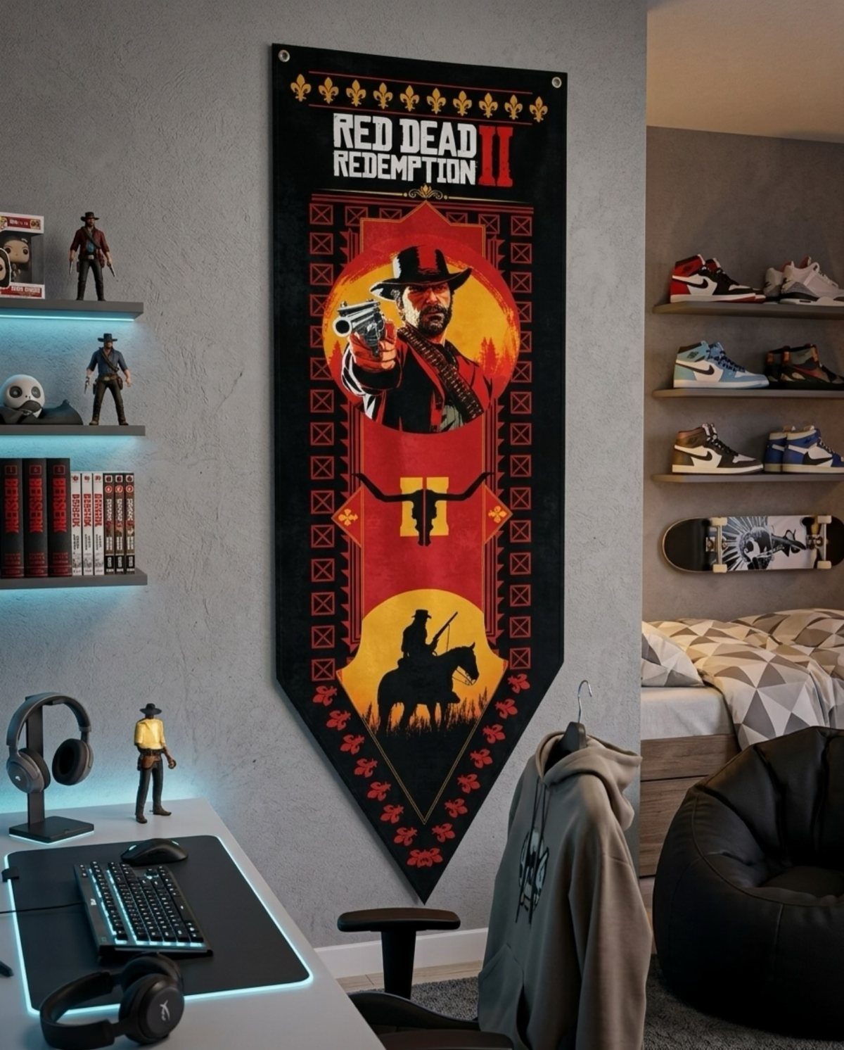 Gaming room with a Red Dead Redemption II wall scroll and desk setup.