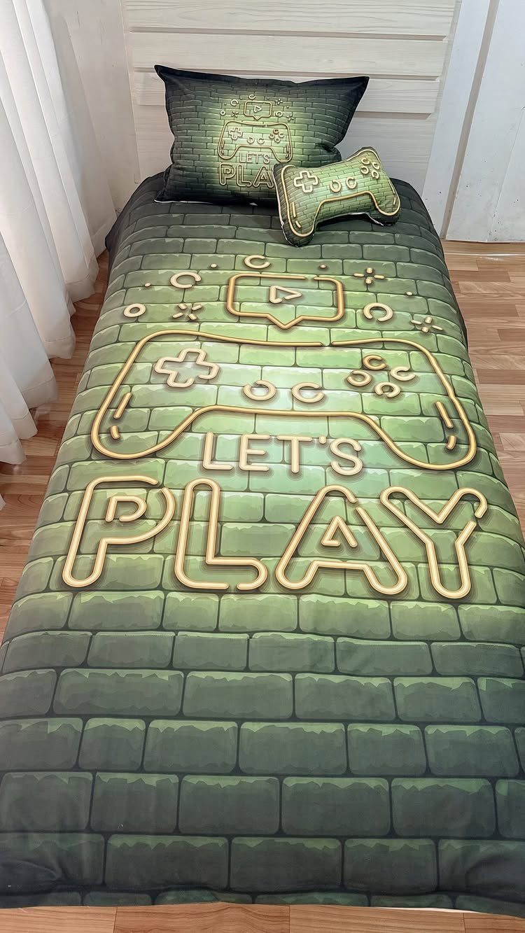 Gaming themed bedding set with green brick pattern and game controller graphics.
