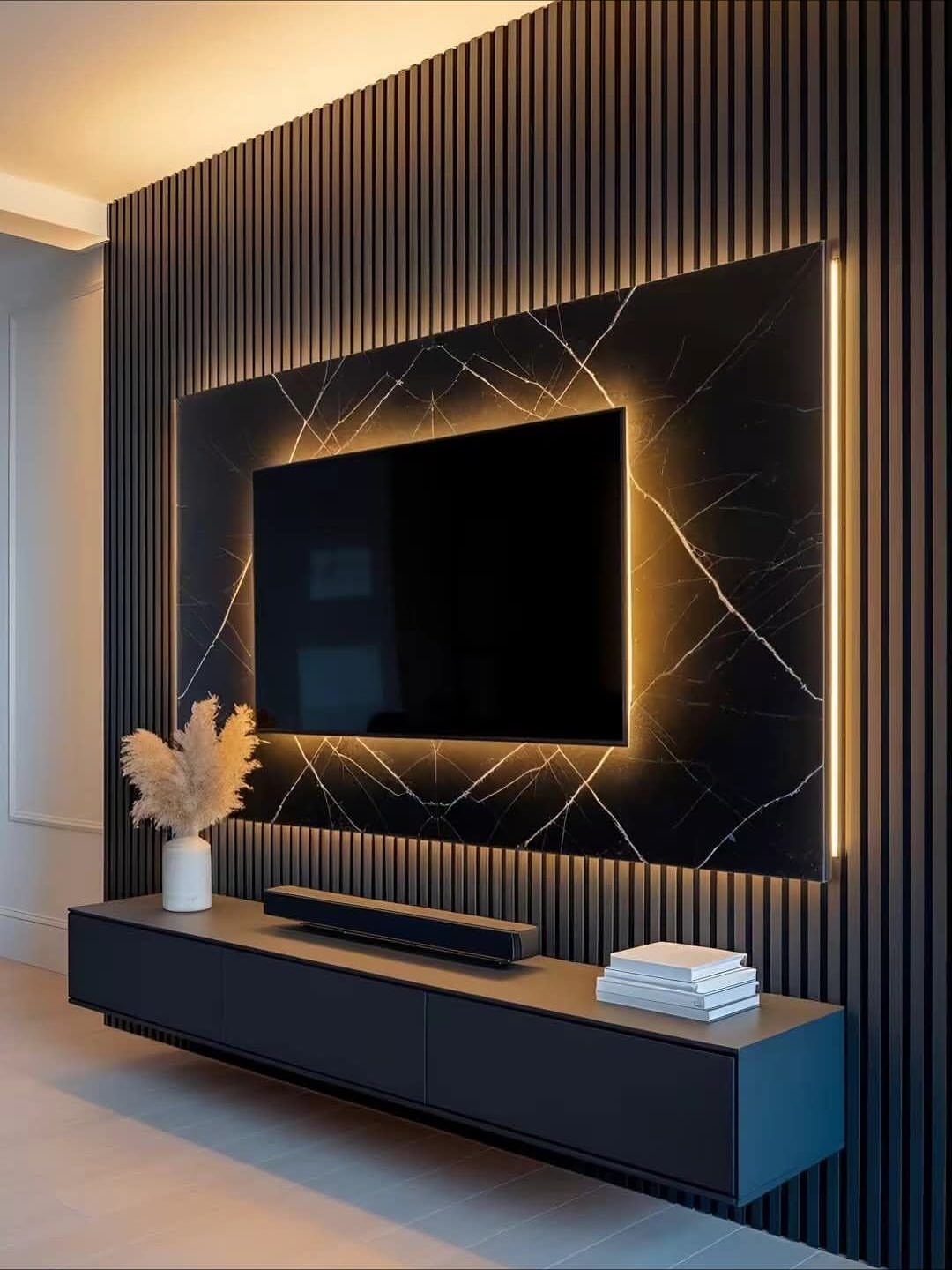 Black marble TV panel with warm LED backlighting on a slatted wall.